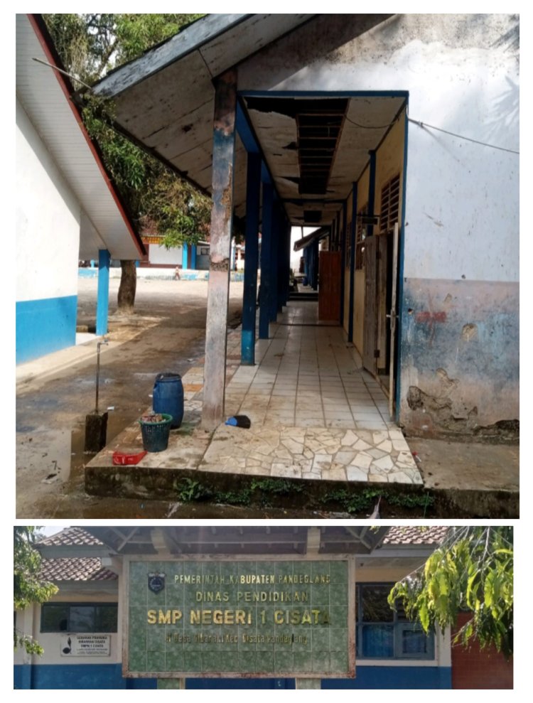 Plafon Bolong,Cat Mengelupas,Keramik Pecah Anggaran Perawatan BOS SMPN 1 Cisata di Pertanyakan.