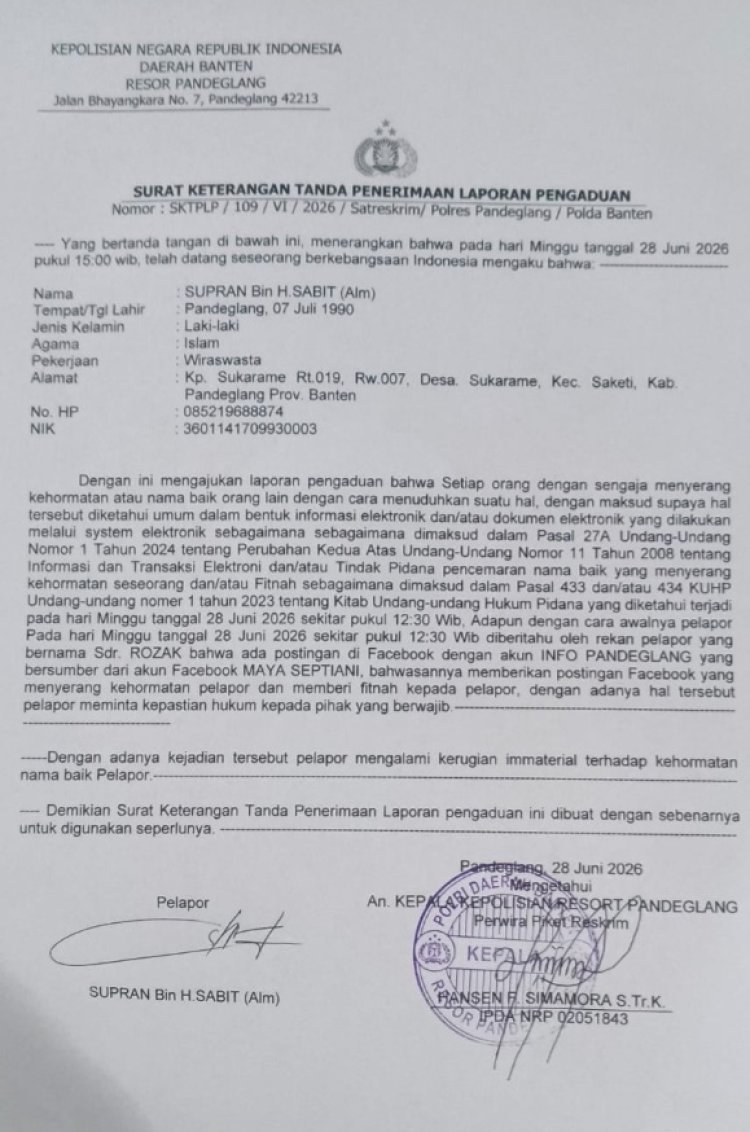 Advokat Moh. Supran, SH, Laporkan Akun FB Maya Septiani, Ke Polres Pandeglang Terkait Dugaan Pencemaran Nama Baik